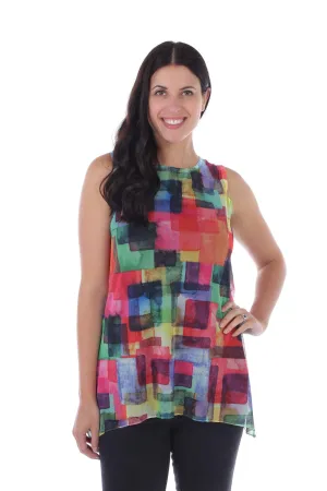 Vibrant Geometric Square Printed Mesh Sleeveless Blouse