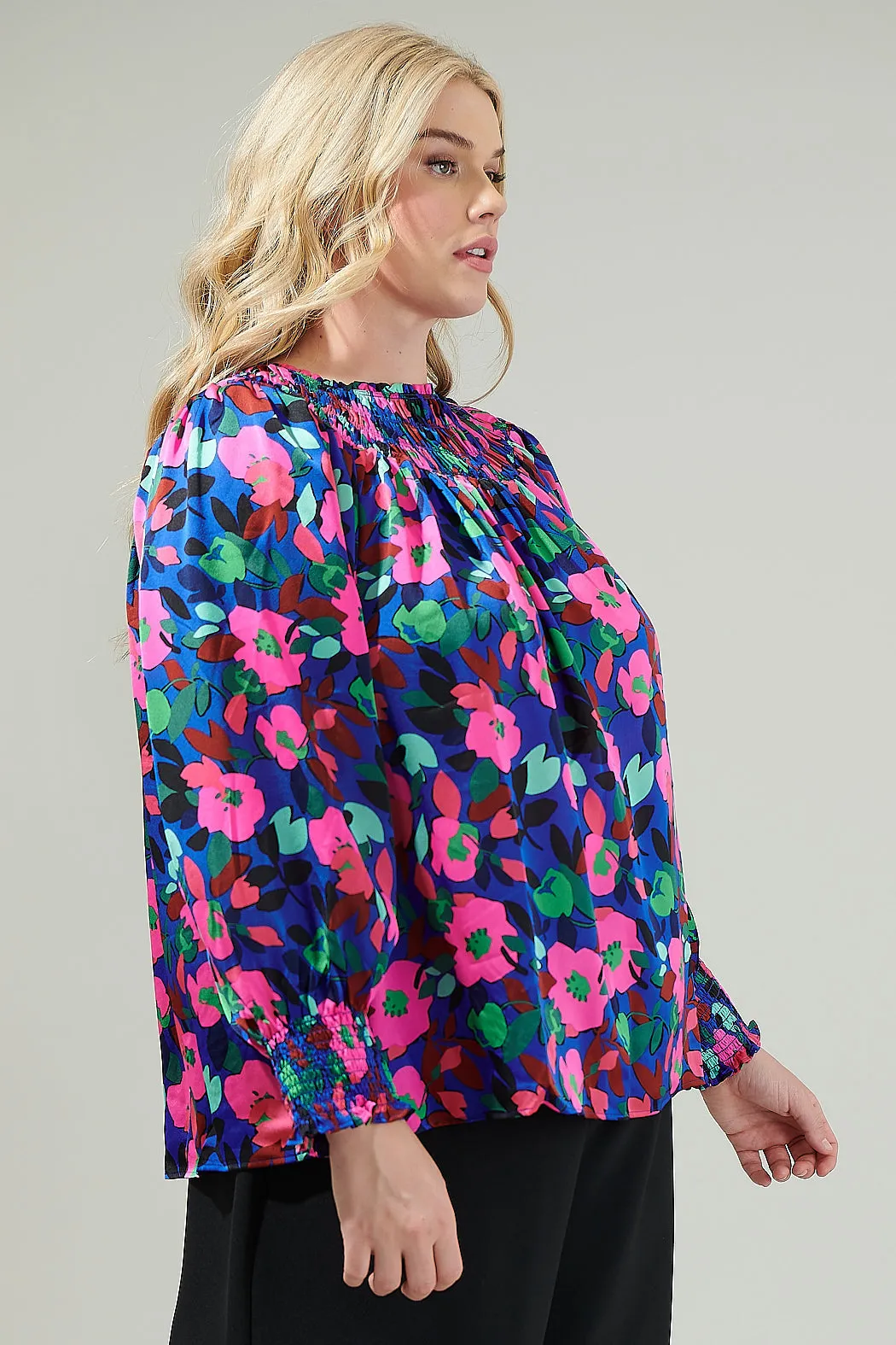 Vivi Berry Floral Bonsoir Smocked Raglan Sleeve Blouse Curve