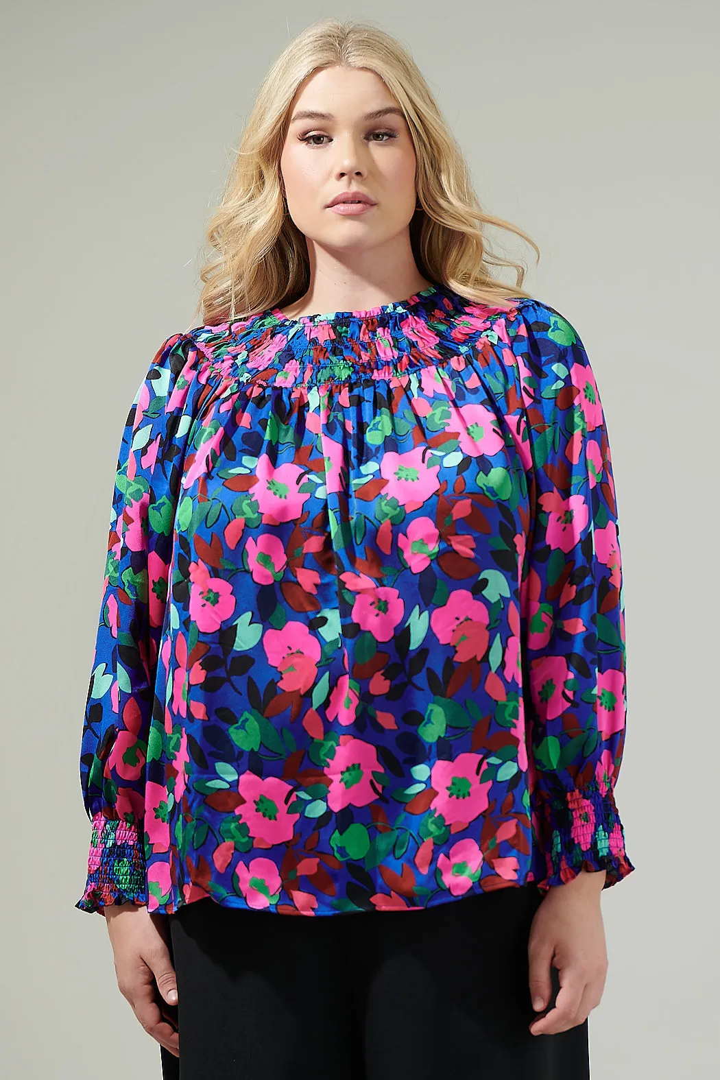 Vivi Berry Floral Bonsoir Smocked Raglan Sleeve Blouse Curve