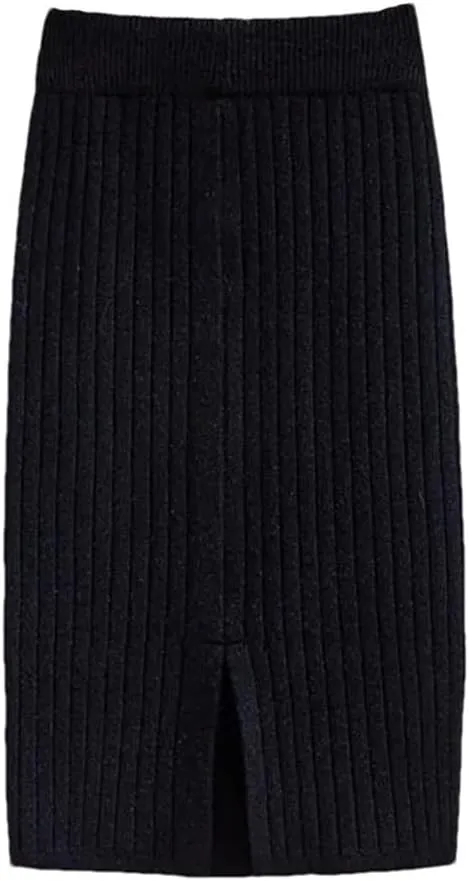 Vsadsau Women's Knitted Midi Skirt Fall Winter Solid Color Elastic Waist A-Line Skirt Pencil Skirts