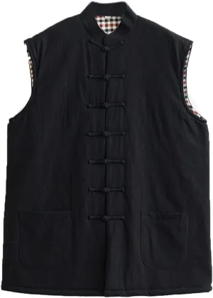 Winter Tang Suit Vest Men Padded Cotton Stand Collar Warm Coat Tops Loose Sleeveless Warm Outwear Chinese Clothes Black-L