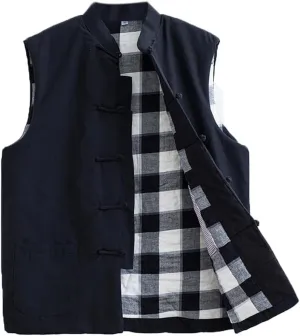 Winter Tang Suit Vest Men Padded Cotton Stand Collar Warm Coat Tops Sleeveless Warm Outwear Tai Chi Uniform black-4XL