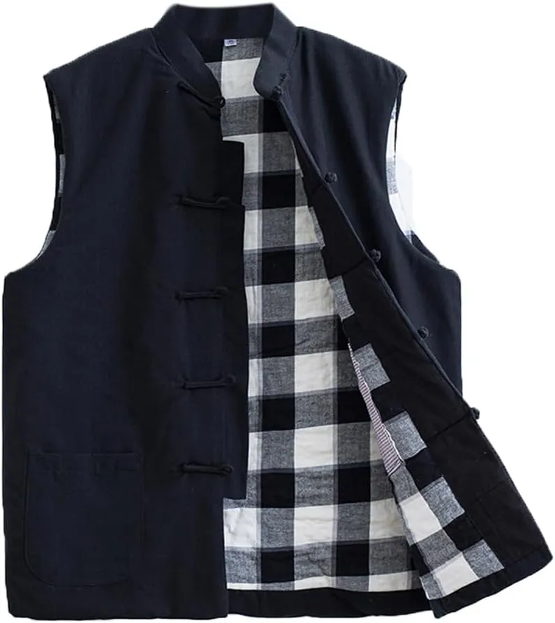 Winter Tang Suit Vest Men Padded Cotton Stand Collar Warm Coat Tops Sleeveless Warm Outwear Tai Chi Uniform black-4XL