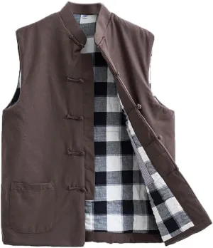 Winter Tang Suit Vest Men Padded Cotton Stand Collar Warm Coat Tops Sleeveless Warm Outwear Tai Chi Uniform brown-4XL