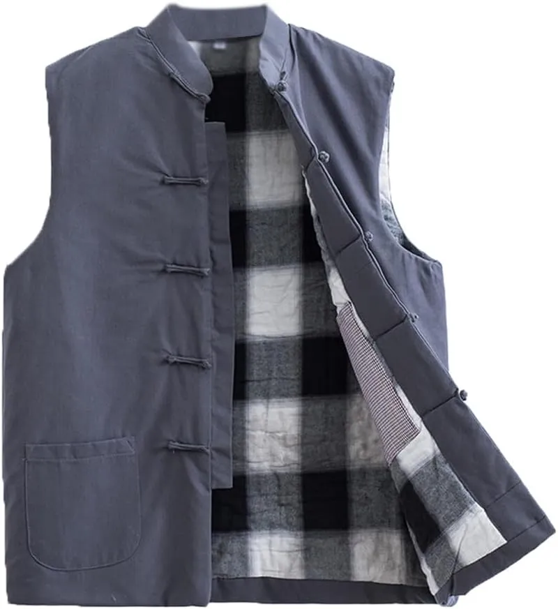 Winter Tang Suit Vest Men Padded Cotton Stand Collar Warm Coat Tops Sleeveless Warm Outwear Tai Chi Uniform grey-3XL