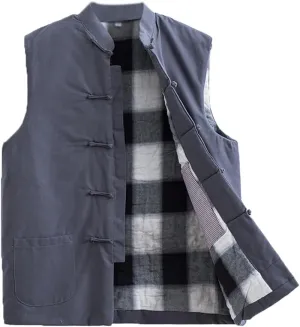 Winter Tang Suit Vest Men Padded Cotton Stand Collar Warm Coat Tops Sleeveless Warm Outwear Tai Chi Uniform grey-3XL