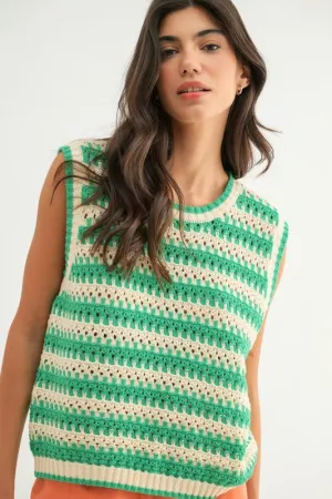 WL Boho Chic Green Striped Crochet Sleeveless Top