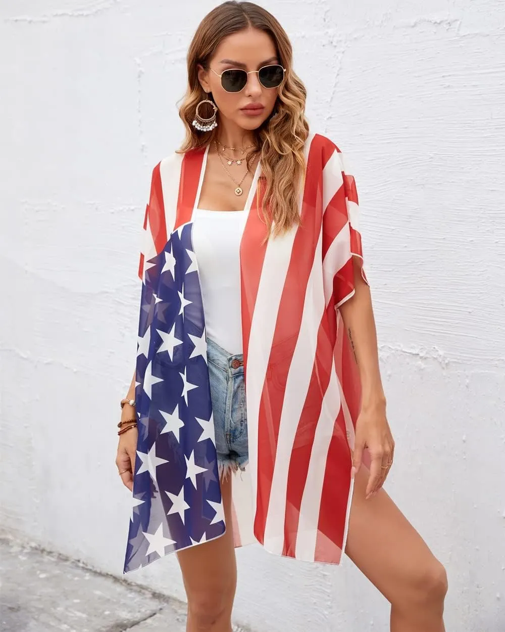 Women American Flag Kimono 4th of July Cover Up Lightweight Cardigan 4th of July Outfits for Women S-XXL