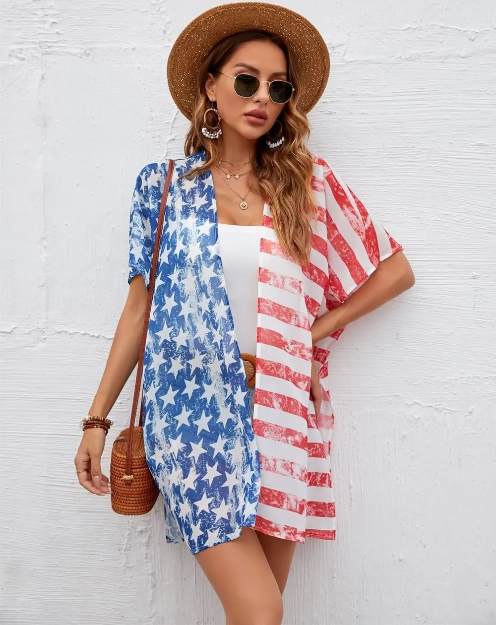 Women American Flag Kimono 4th of July Cover Up Lightweight Cardigan 4th of July Outfits for Women S-XXL