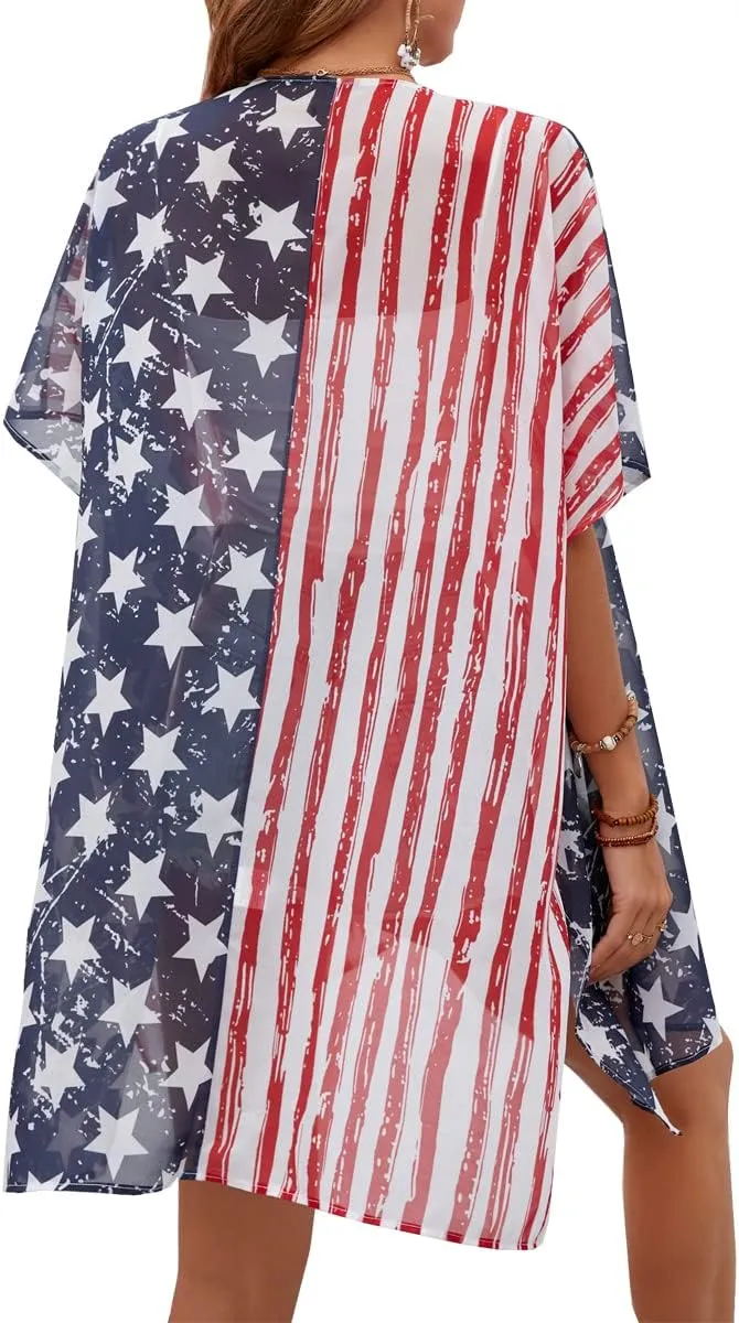 Women American Flag Kimono 4th of July Cover Up Lightweight Cardigan 4th of July Outfits for Women S-XXL