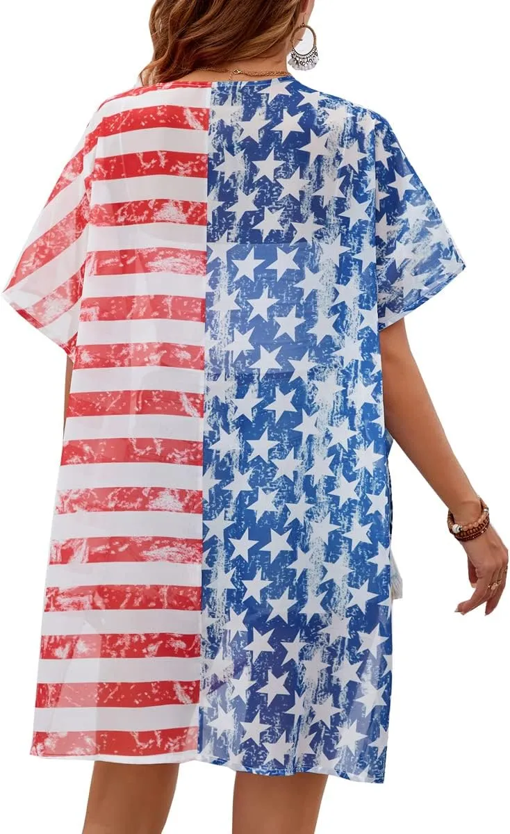 Women American Flag Kimono 4th of July Cover Up Lightweight Cardigan 4th of July Outfits for Women S-XXL