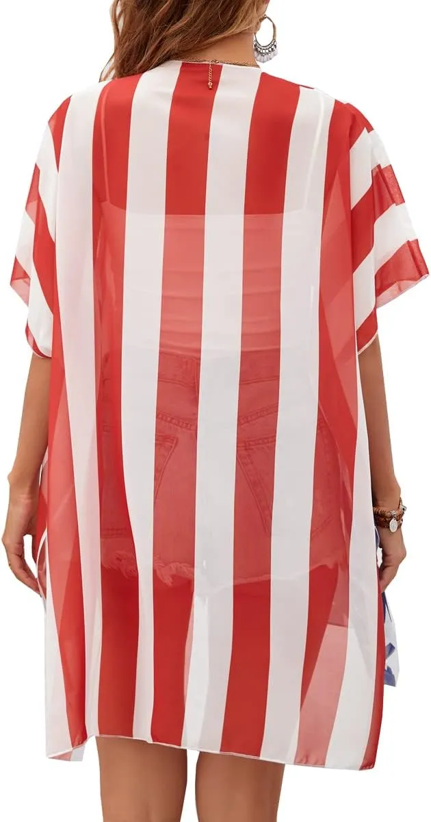 Women American Flag Kimono 4th of July Cover Up Lightweight Cardigan 4th of July Outfits for Women S-XXL