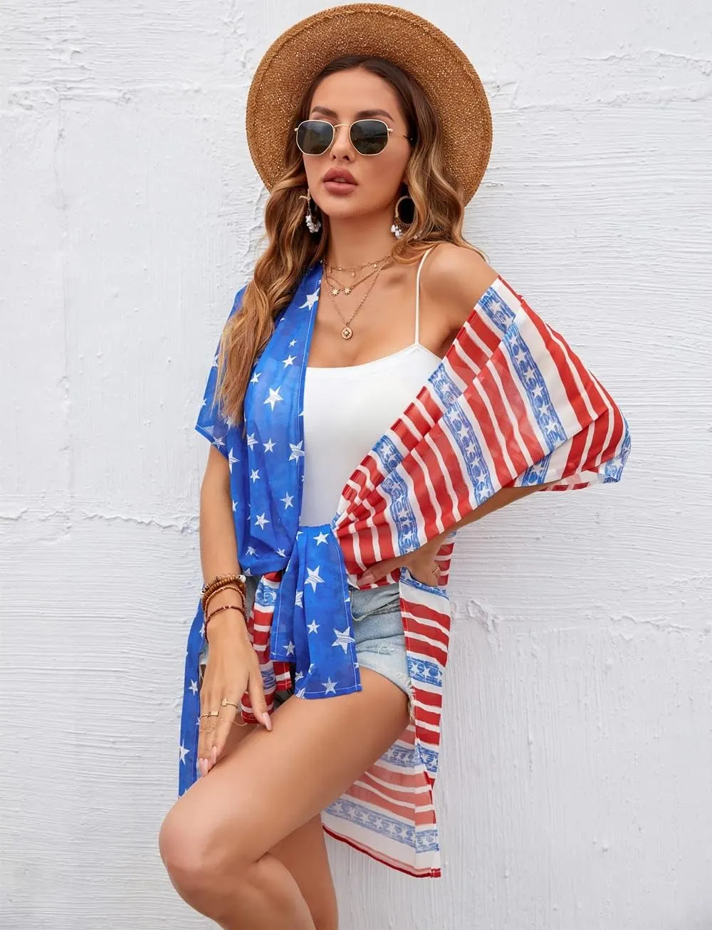 Women American Flag Kimono 4th of July Cover Up Lightweight Cardigan 4th of July Outfits for Women S-XXL