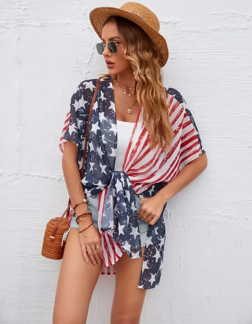 Women American Flag Kimono 4th of July Cover Up Lightweight Cardigan 4th of July Outfits for Women S-XXL
