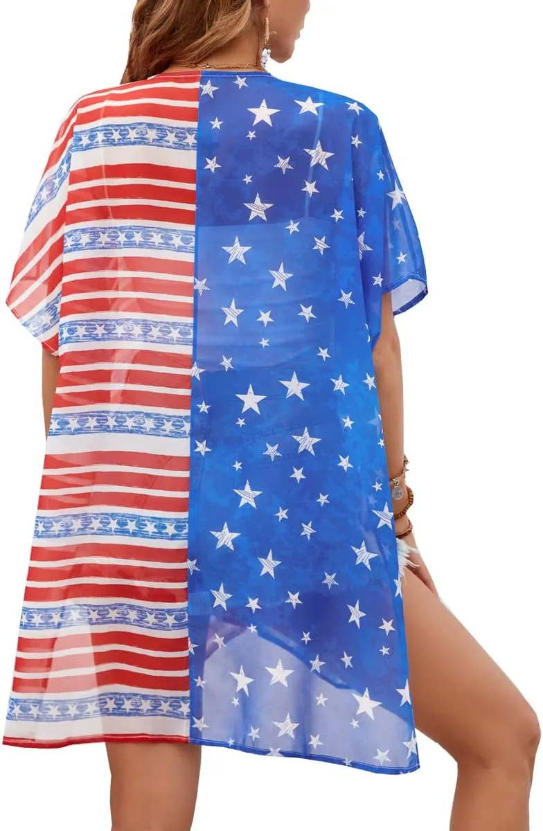 Women American Flag Kimono 4th of July Cover Up Lightweight Cardigan 4th of July Outfits for Women S-XXL