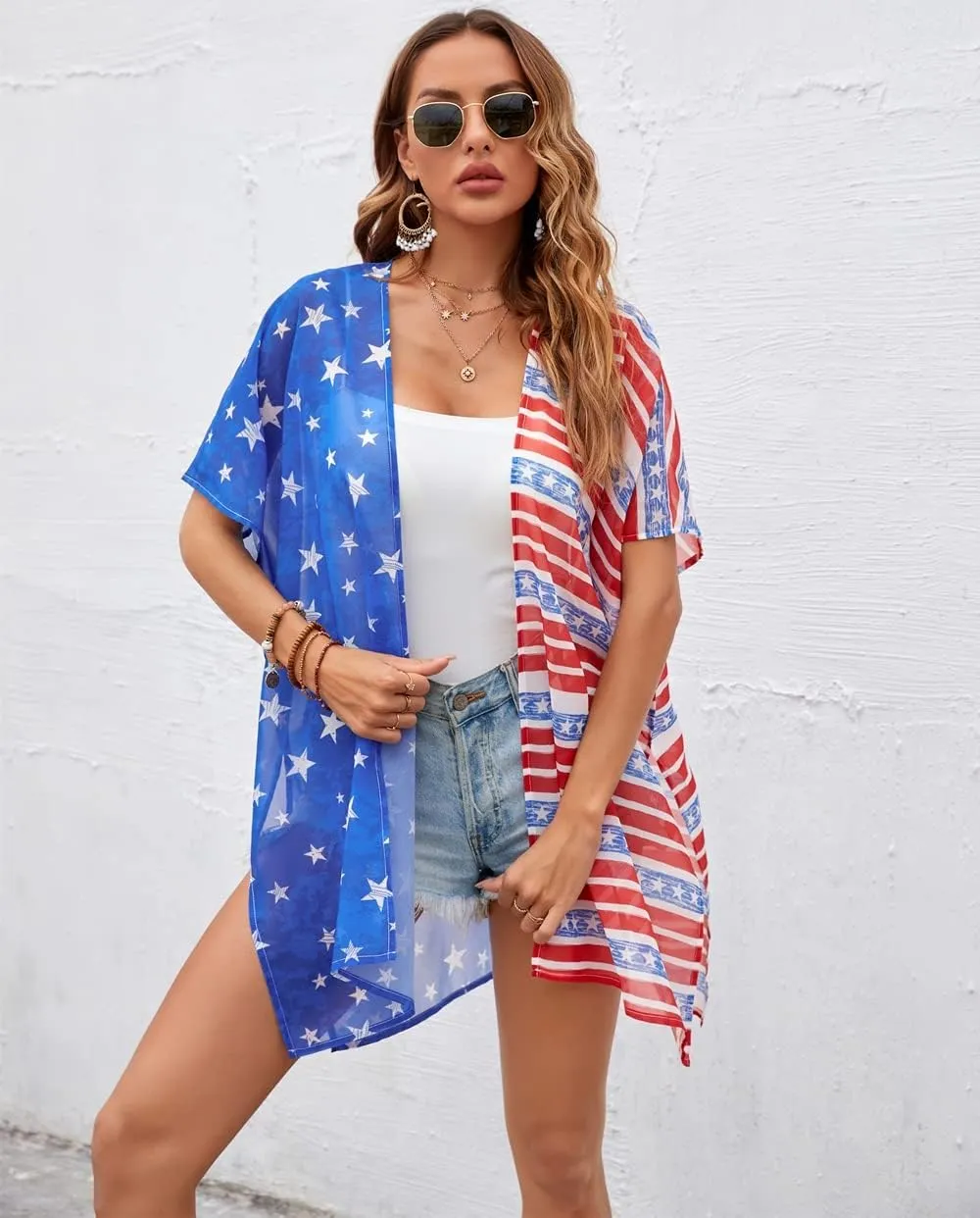 Women American Flag Kimono 4th of July Cover Up Lightweight Cardigan 4th of July Outfits for Women S-XXL