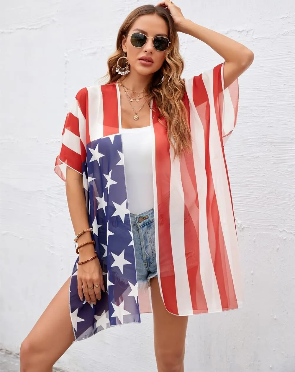 Women American Flag Kimono 4th of July Cover Up Lightweight Cardigan 4th of July Outfits for Women S-XXL