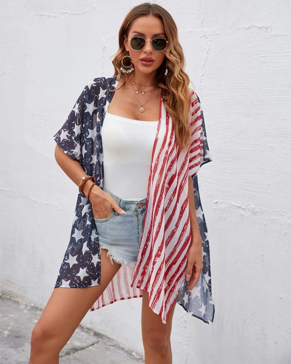 Women American Flag Kimono 4th of July Cover Up Lightweight Cardigan 4th of July Outfits for Women S-XXL