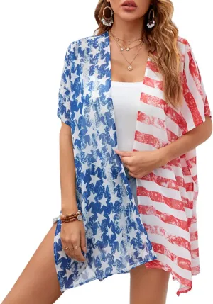 Women American Flag Kimono 4th of July Cover Up Lightweight Cardigan 4th of July Outfits for Women S-XXL
