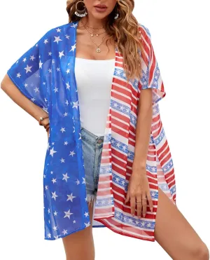 Women American Flag Kimono 4th of July Cover Up Lightweight Cardigan 4th of July Outfits for Women S-XXL