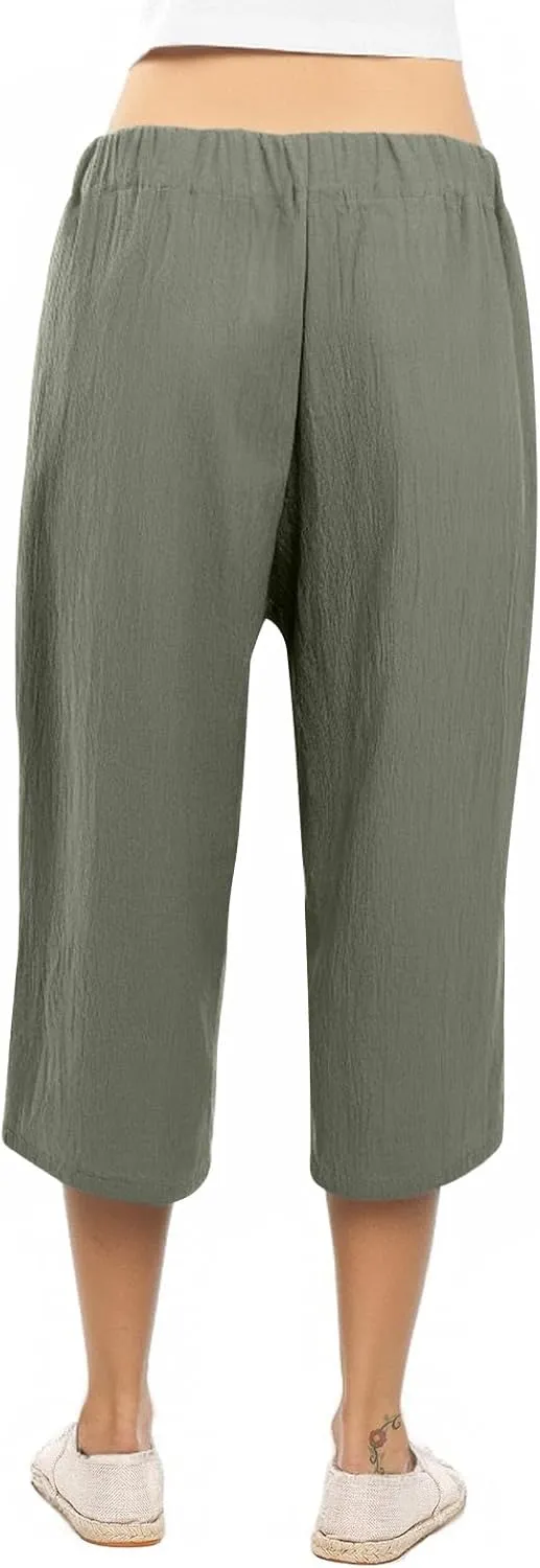 Women Capri Pants Casual Summer Loose Wide Leg Linen Pants Trendy Tie Belt Elastic Waist Cropped Trouser with Pockets
