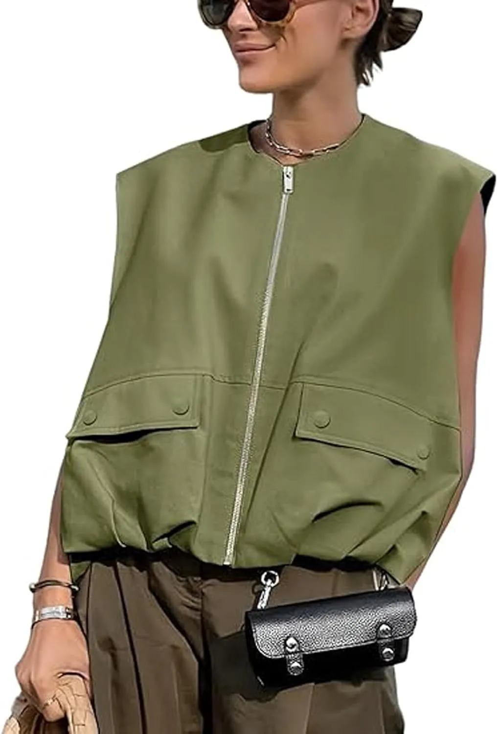 Women Cargo Vest Oversize Cropped Sleeveless Jacket Lightweight Ruffle Ruched Fashion Tops Summer Casual Zip Up Outfit