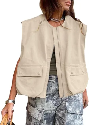 Women Cargo Vest Oversize Cropped Sleeveless Jacket Lightweight Ruffle Ruched Fashion Tops Summer Casual Zip Up Outfit