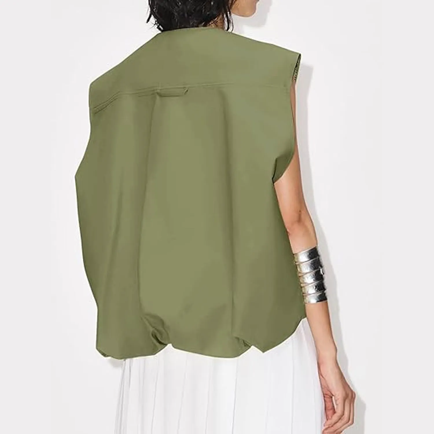 Women Cargo Vest Oversize Cropped Sleeveless Jacket Lightweight Ruffle Ruched Fashion Tops Summer Casual Zip Up Outfit