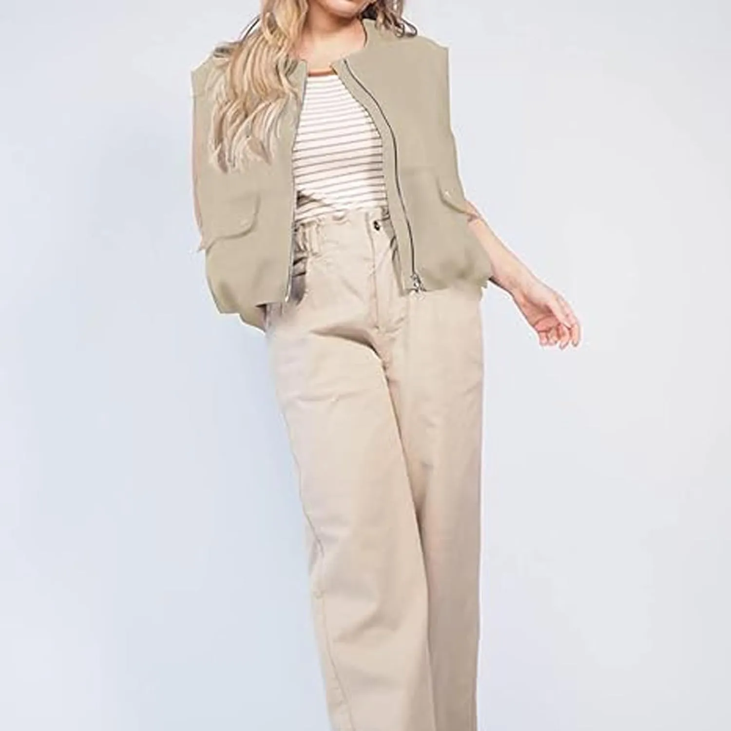 Women Cargo Vest Oversize Cropped Sleeveless Jacket Lightweight Ruffle Ruched Fashion Tops Summer Casual Zip Up Outfit