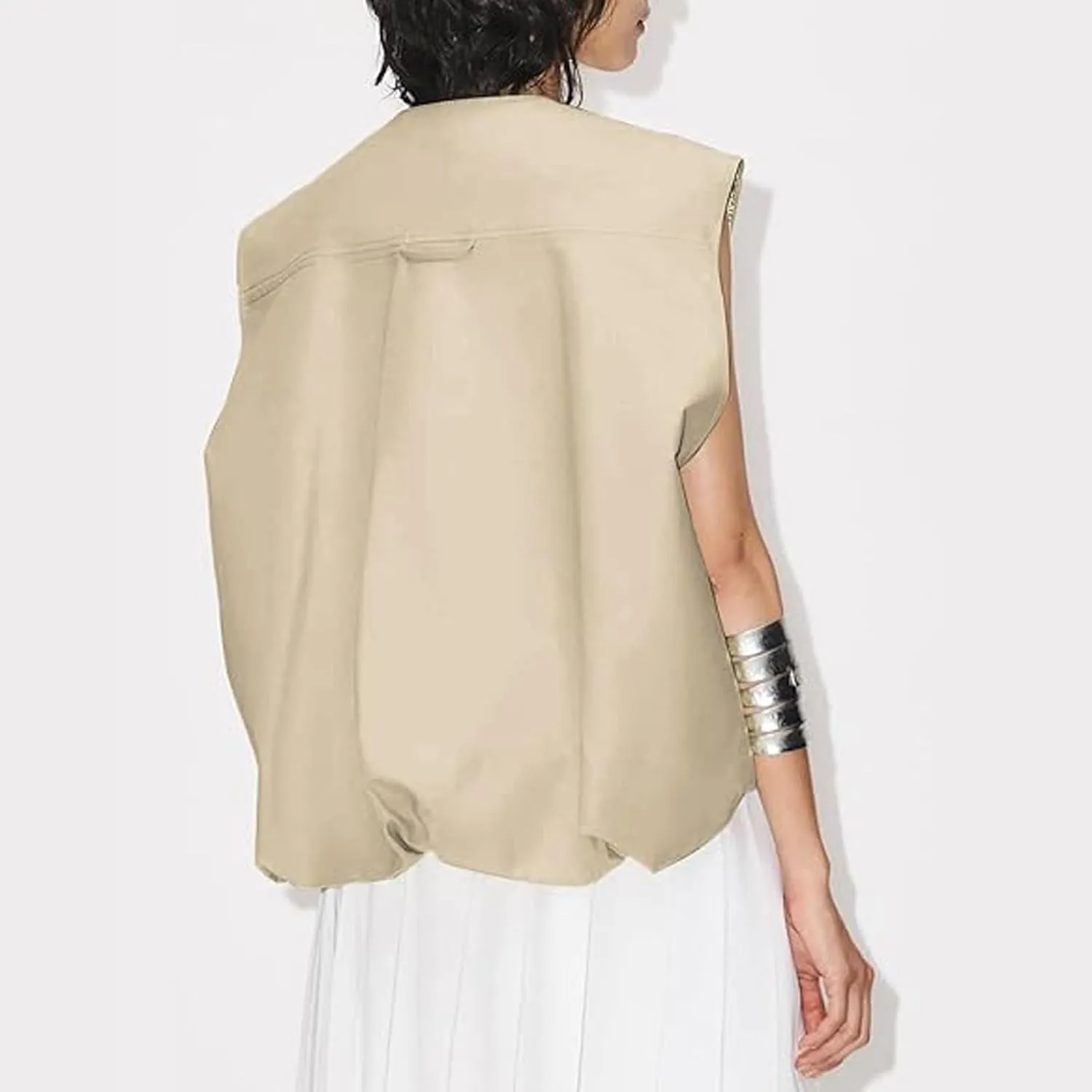 Women Cargo Vest Oversize Cropped Sleeveless Jacket Lightweight Ruffle Ruched Fashion Tops Summer Casual Zip Up Outfit