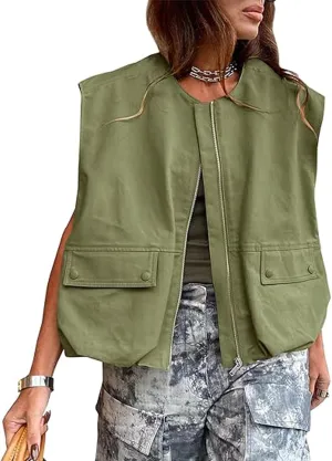 Women Cargo Vest Oversize Cropped Sleeveless Jacket Lightweight Ruffle Ruched Fashion Tops Summer Casual Zip Up Outfit