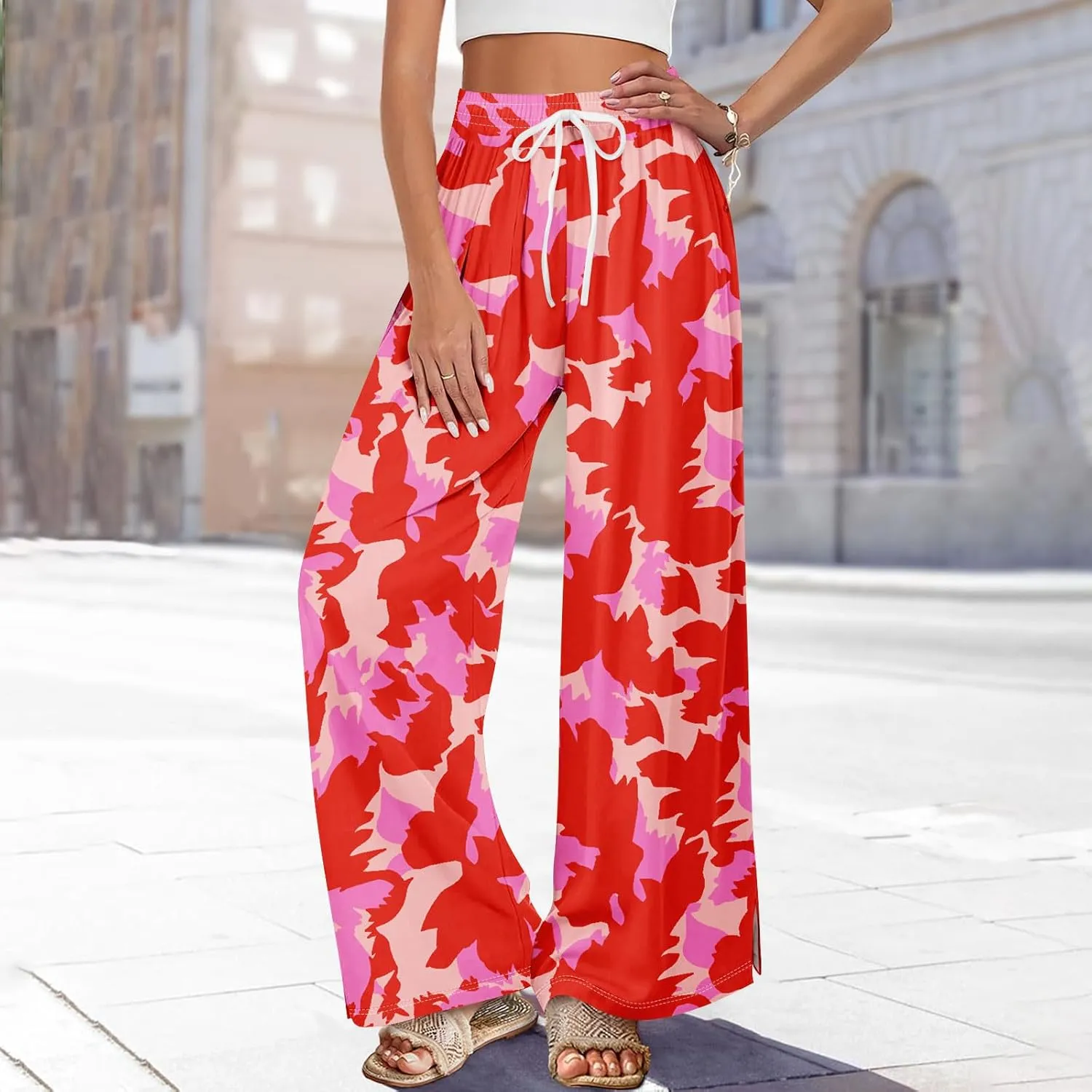 Women Casual High Waist Wide Leg Floral Palazzo Pant Summer Boho Flowy Beach Trousers with Pockets
