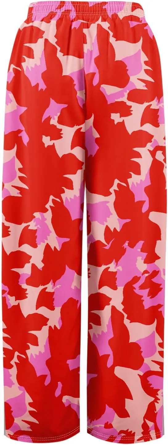 Women Casual High Waist Wide Leg Floral Palazzo Pant Summer Boho Flowy Beach Trousers with Pockets