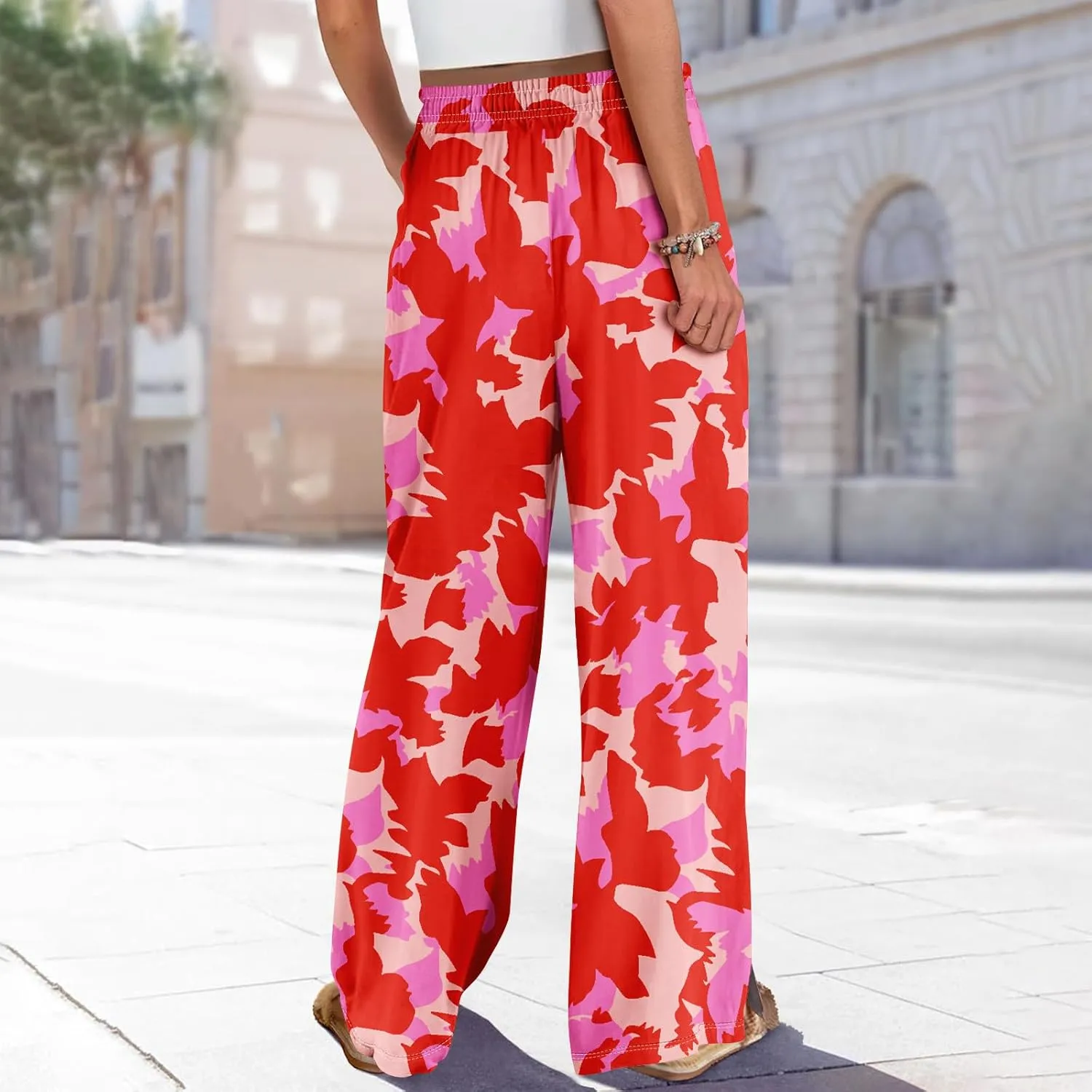 Women Casual High Waist Wide Leg Floral Palazzo Pant Summer Boho Flowy Beach Trousers with Pockets