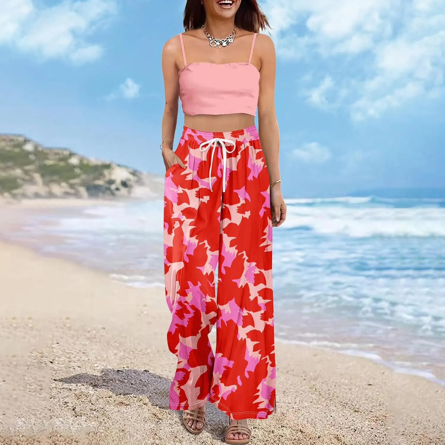 Women Casual High Waist Wide Leg Floral Palazzo Pant Summer Boho Flowy Beach Trousers with Pockets