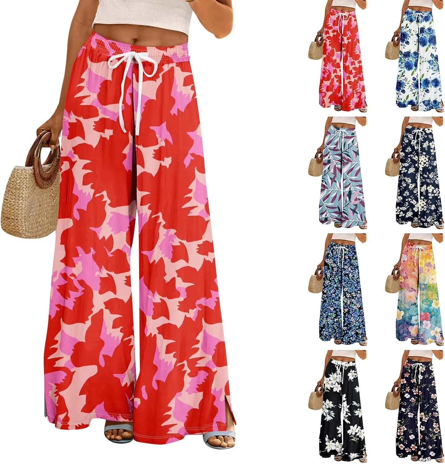 Women Casual High Waist Wide Leg Floral Palazzo Pant Summer Boho Flowy Beach Trousers with Pockets