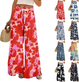 Women Casual High Waist Wide Leg Floral Palazzo Pant Summer Boho Flowy Beach Trousers with Pockets