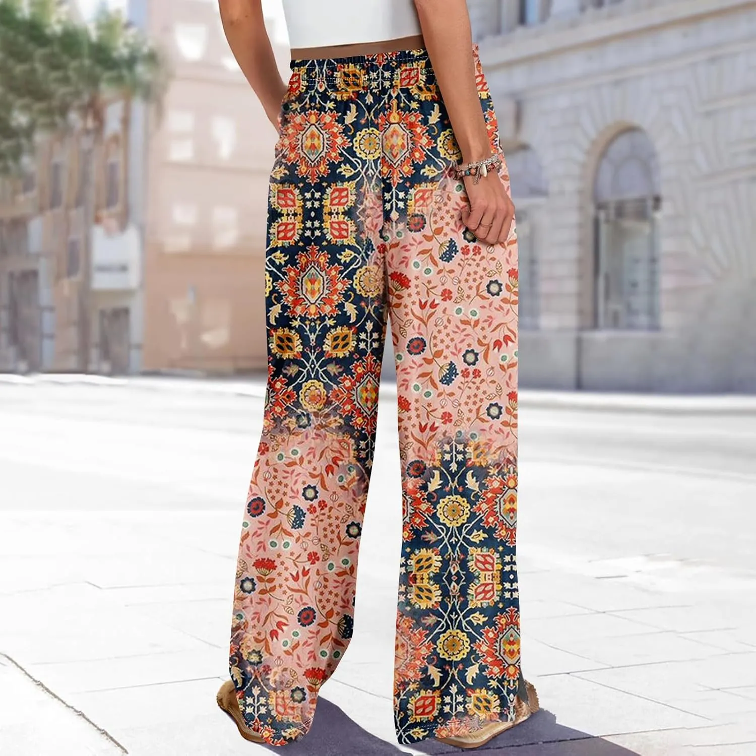 Women Casual High Waist Wide Leg Floral Palazzo Pants Summer Boho Flowy Beach Trousers with Pockets