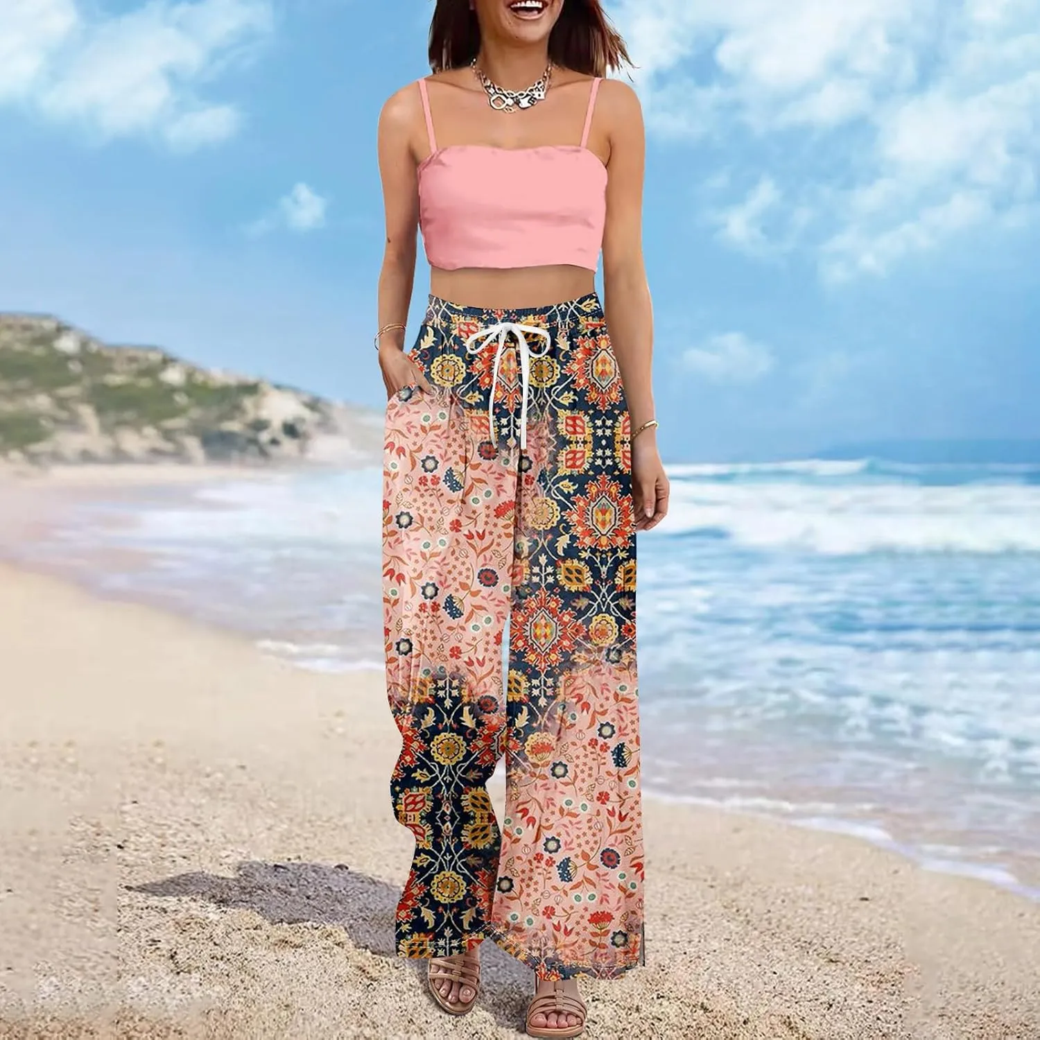 Women Casual High Waist Wide Leg Floral Palazzo Pants Summer Boho Flowy Beach Trousers with Pockets