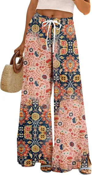 Women Casual High Waist Wide Leg Floral Palazzo Pants Summer Boho Flowy Beach Trousers with Pockets
