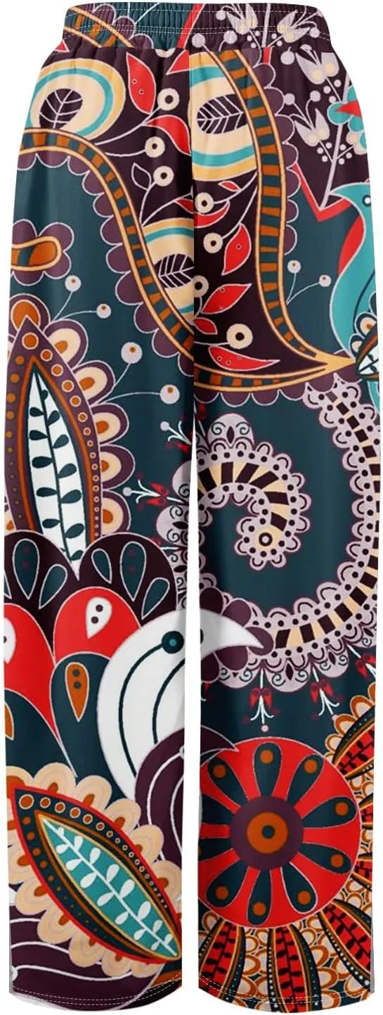 Women Casual High Waist Wide Leg Floral Palazzo Pants Summer Boho Flowy Beach Trousers with Pockets