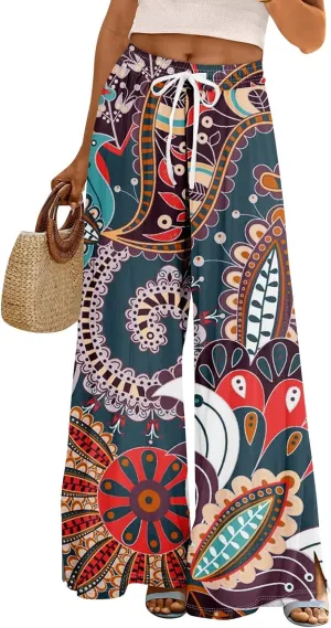 Women Casual High Waist Wide Leg Floral Palazzo Pants Summer Boho Flowy Beach Trousers with Pockets