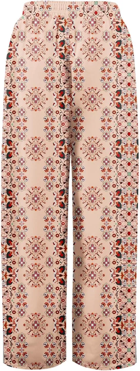 Women Casual High Waist Wide Leg Floral Palazzo Pants Summer Boho Flowy Beach Trousers with Pockets