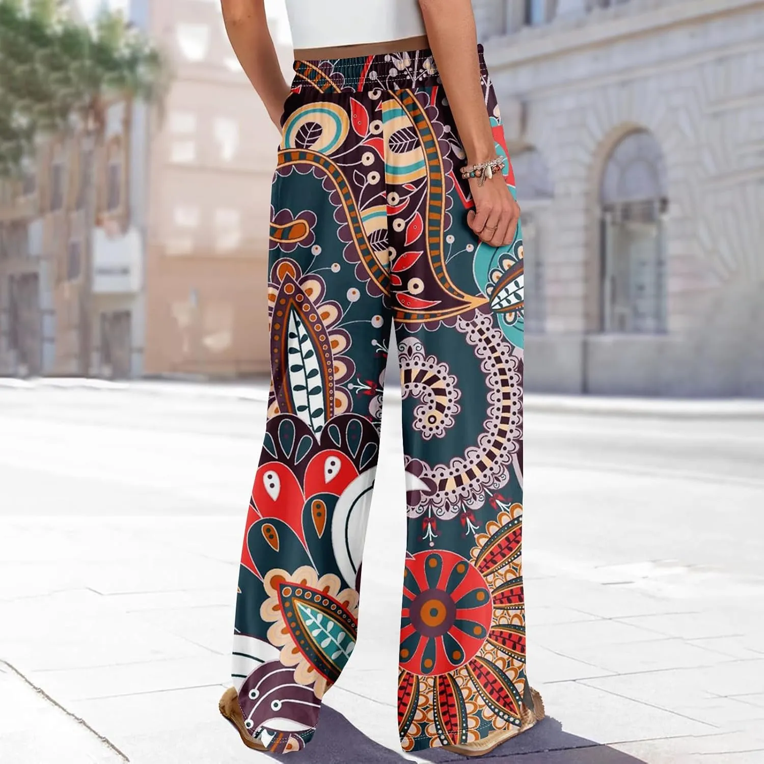 Women Casual High Waist Wide Leg Floral Palazzo Pants Summer Boho Flowy Beach Trousers with Pockets