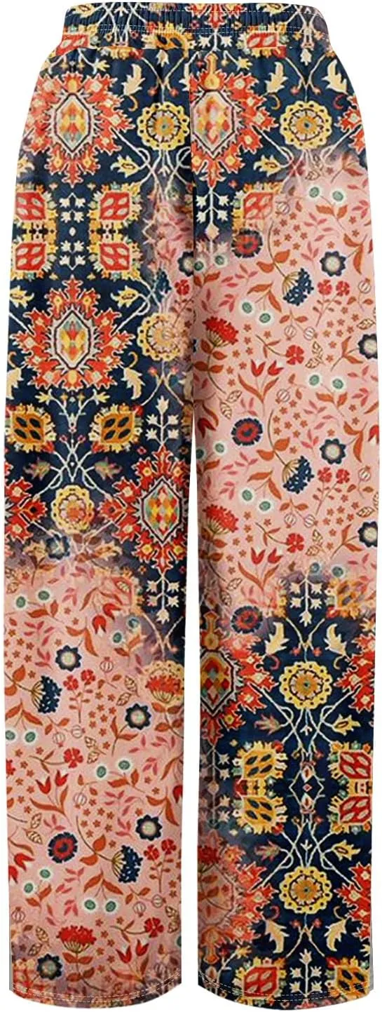 Women Casual High Waist Wide Leg Floral Palazzo Pants Summer Boho Flowy Beach Trousers with Pockets