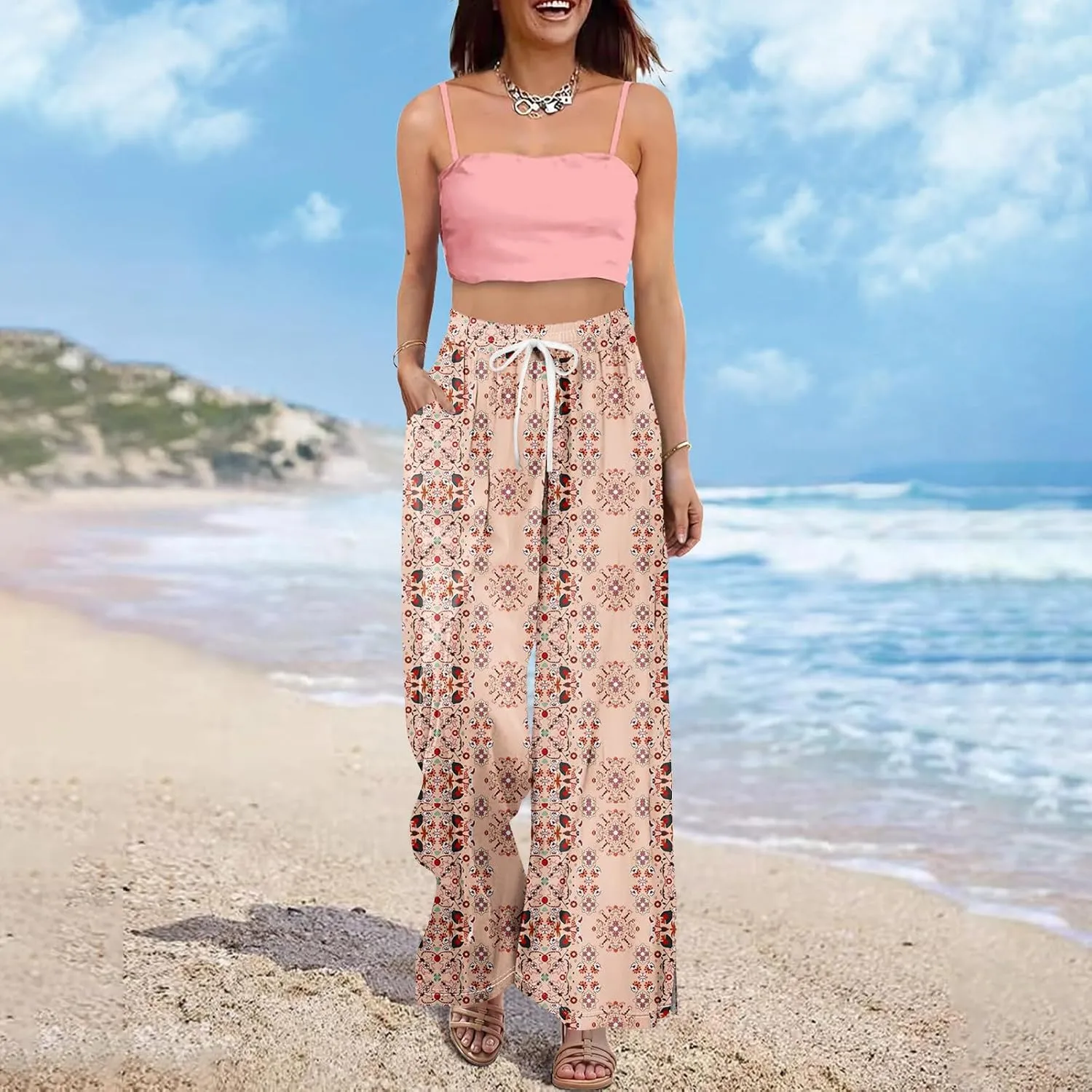 Women Casual High Waist Wide Leg Floral Palazzo Pants Summer Boho Flowy Beach Trousers with Pockets