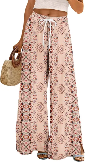 Women Casual High Waist Wide Leg Floral Palazzo Pants Summer Boho Flowy Beach Trousers with Pockets