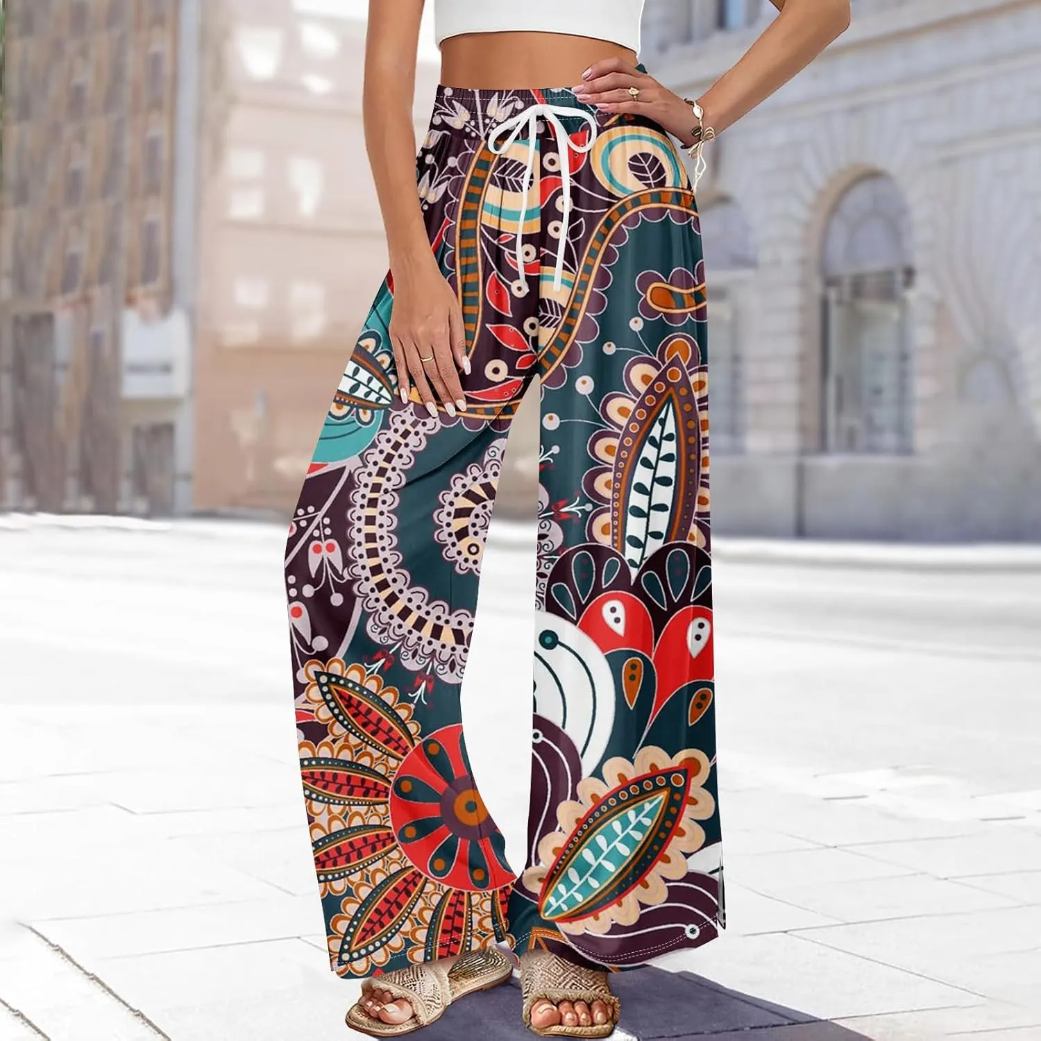 Women Casual High Waist Wide Leg Floral Palazzo Pants Summer Boho Flowy Beach Trousers with Pockets
