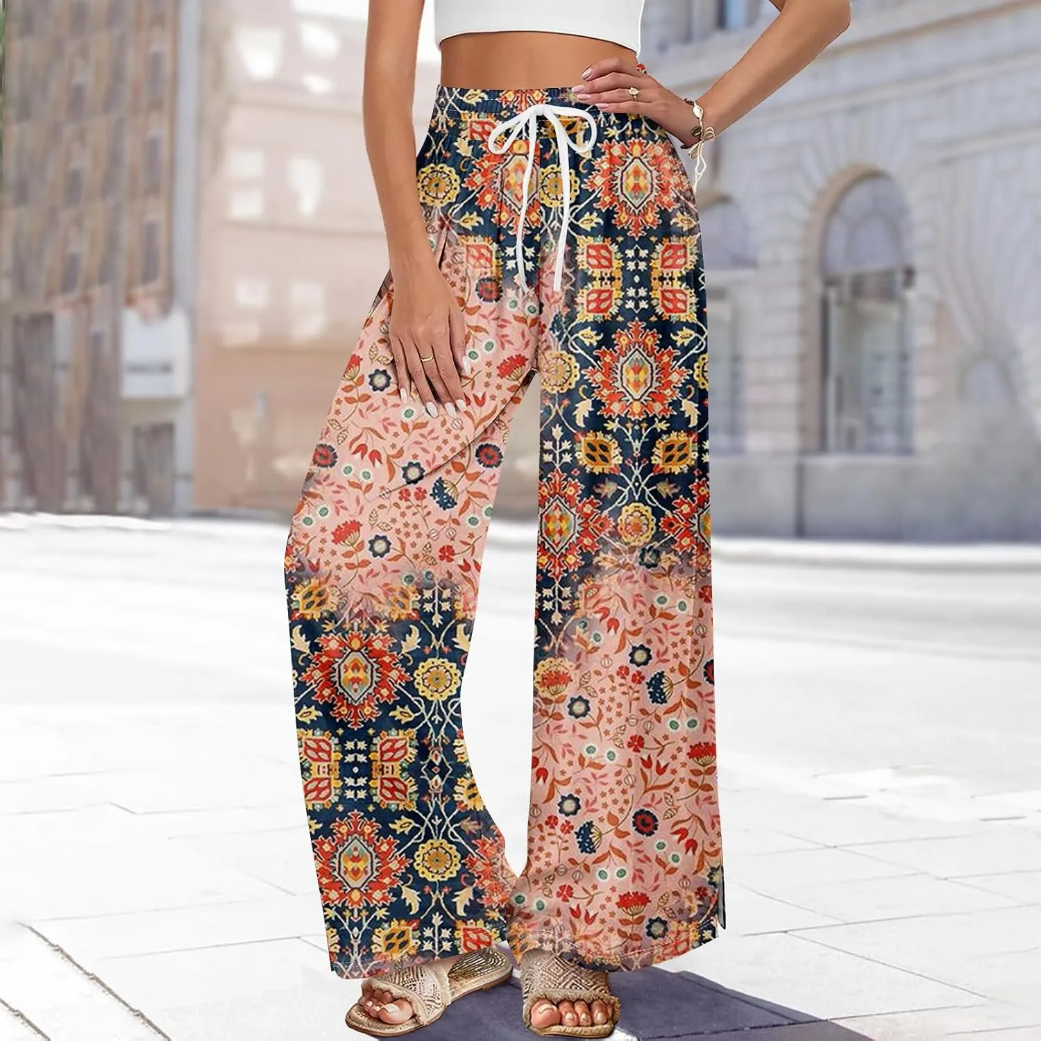 Women Casual High Waist Wide Leg Floral Palazzo Pants Summer Boho Flowy Beach Trousers with Pockets