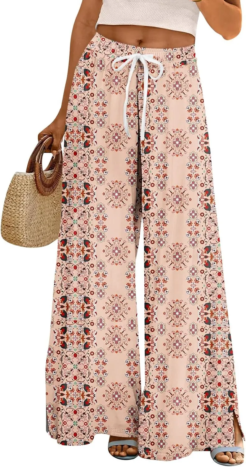 Women Casual High Waist Wide Leg Floral Palazzo Pants Summer Boho Flowy Beach Trousers with Pockets